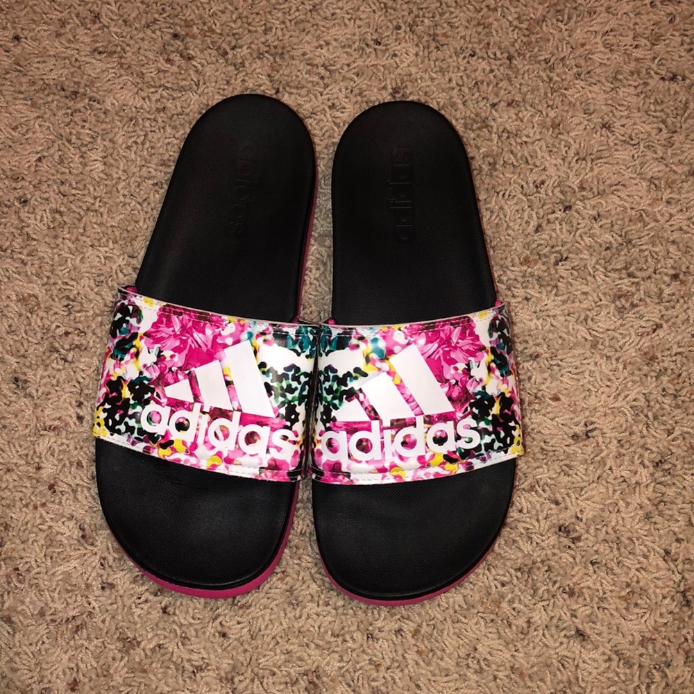 Multicolored adidas slides